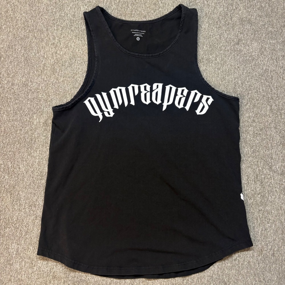 Gymreapers Mens XL Black Graphic Tank Top Gothic Logo Skull Print Curved Hem